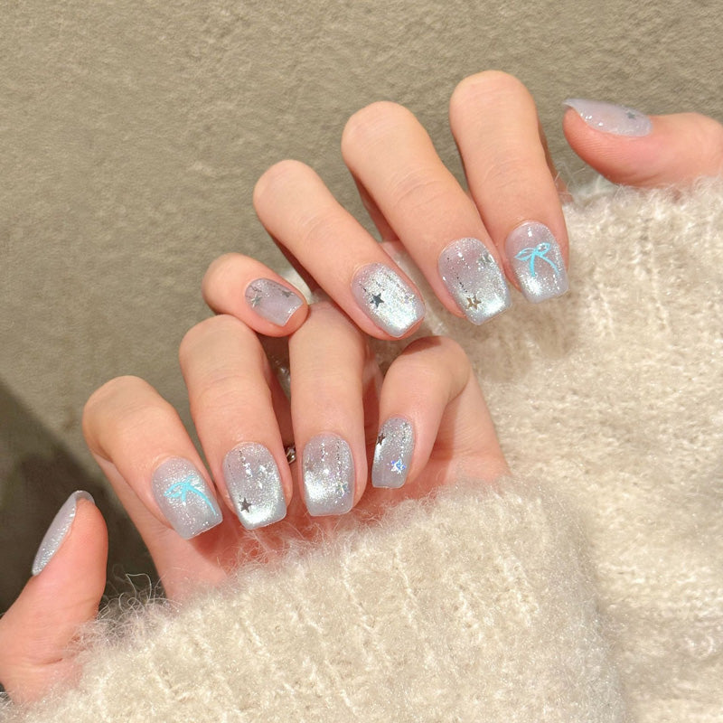 Premium squoval short press-on nails for mermaid magic - iridescent dolphin, sparkling glitter, ocean shimmer, perfect for summer beach parties