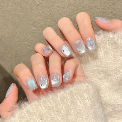 Premium squoval short press-on nails for mermaid magic - iridescent dolphin, sparkling glitter, ocean shimmer, perfect for summer beach parties