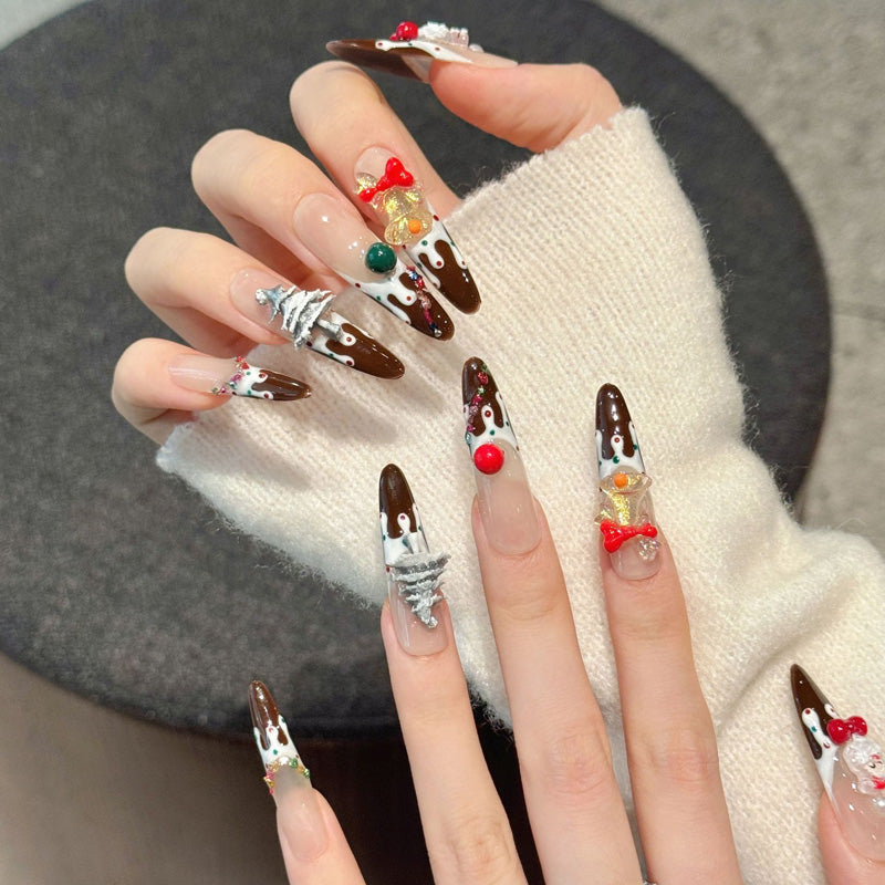"Premium stiletto long press-on nails for Christmas sweetness - 3D Santa, luxurious bells, candy cane, chocolate effect, perfect for holiday parties