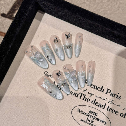 Premium stiletto long press-on nails for fairy tale elegance - dramatic length, whimsical butterflies, romantic colors, Instagram-worthy beauty