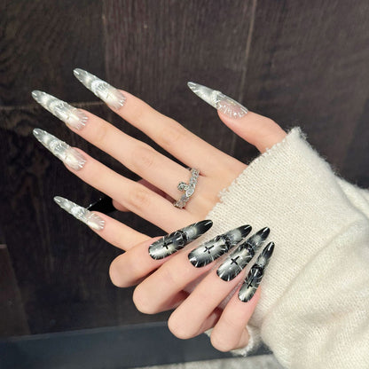 Premium stiletto long press-on nails for faith expression - sacred cross symbols, shimmering rays, silver & black chrome, perfect for religious events