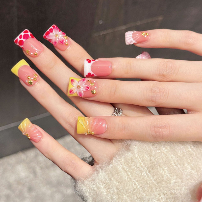 Premium summer duck nails with 3D florals, fruit-inspired dots & jelly finish - Damage-free, reusable fun - Vacation-ready style