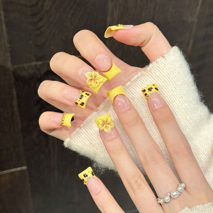 Premium summer duck nails with 3D sunflower, leopard spots & gold beads - Damage-free, reusable luxury - Playful sunny vibes