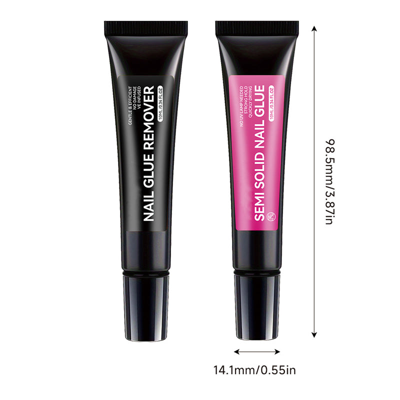 Product dimensions and bottle size diagram for Kapownails 10ml nail glue and remover tubes showing 98.5mm length by 14.1mm width