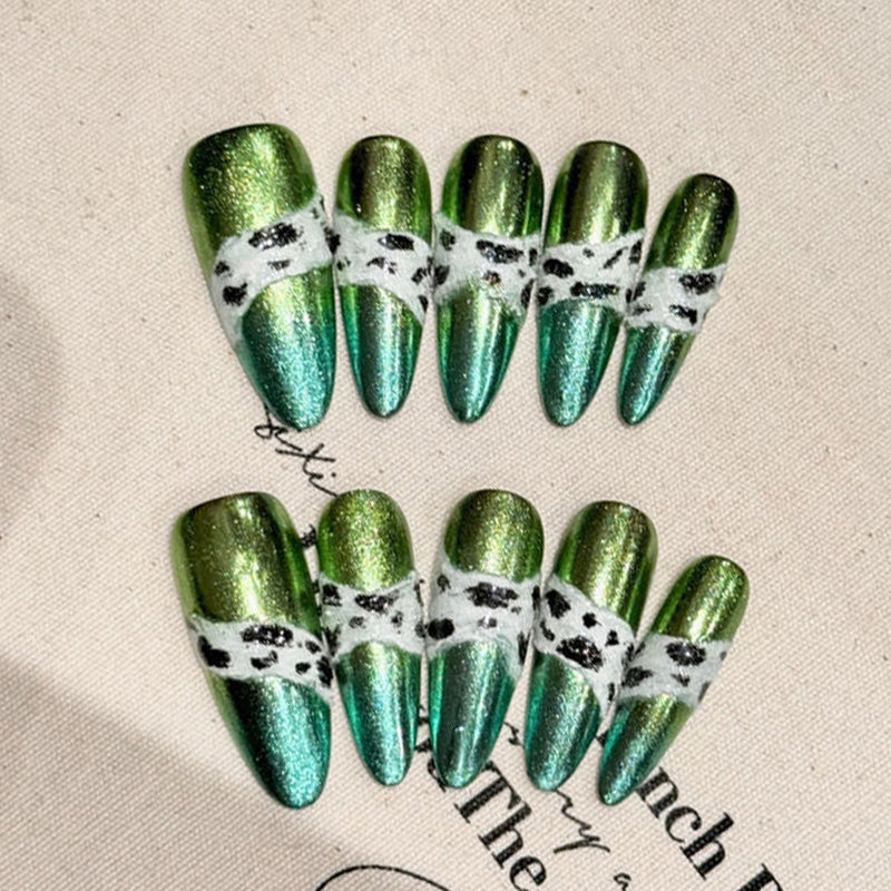Green Gradient Chrome Almond Press On Nails