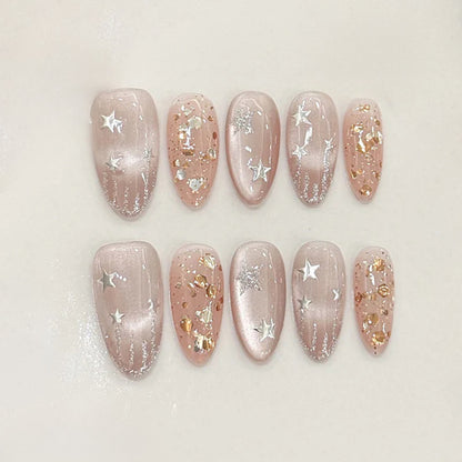 Handmade Almond Press-On Nails - Celestial Stars