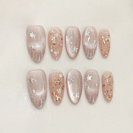 Handmade Almond Press-On Nails - Celestial Stars
