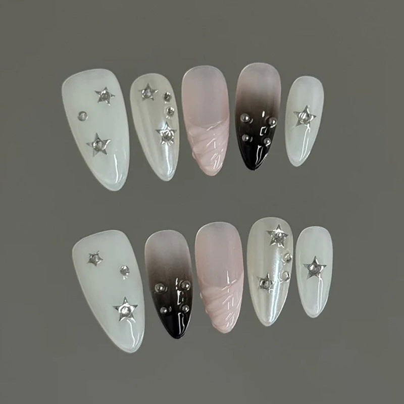 Handmade Almond Press-On Nails - Edgy Star Studs – handcrafted press-on nails product image front view