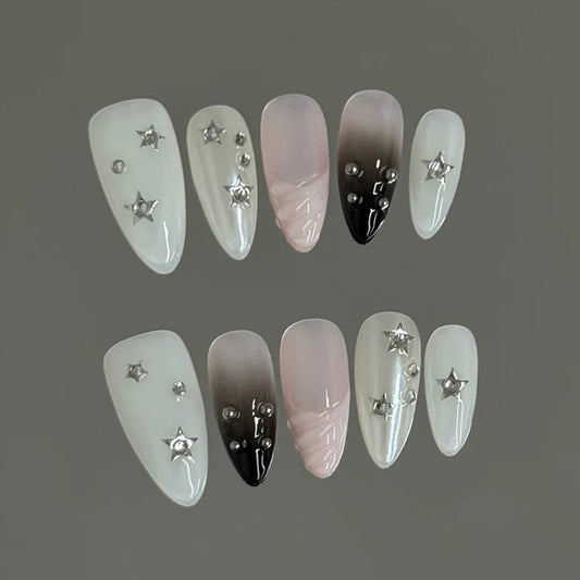 Handmade Almond Press-On Nails - Edgy Star Studs