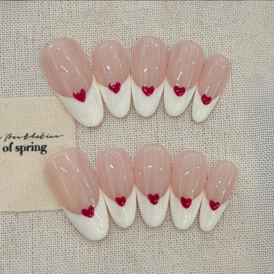 Handmade Almond Press-On Nails - French Heart Tips