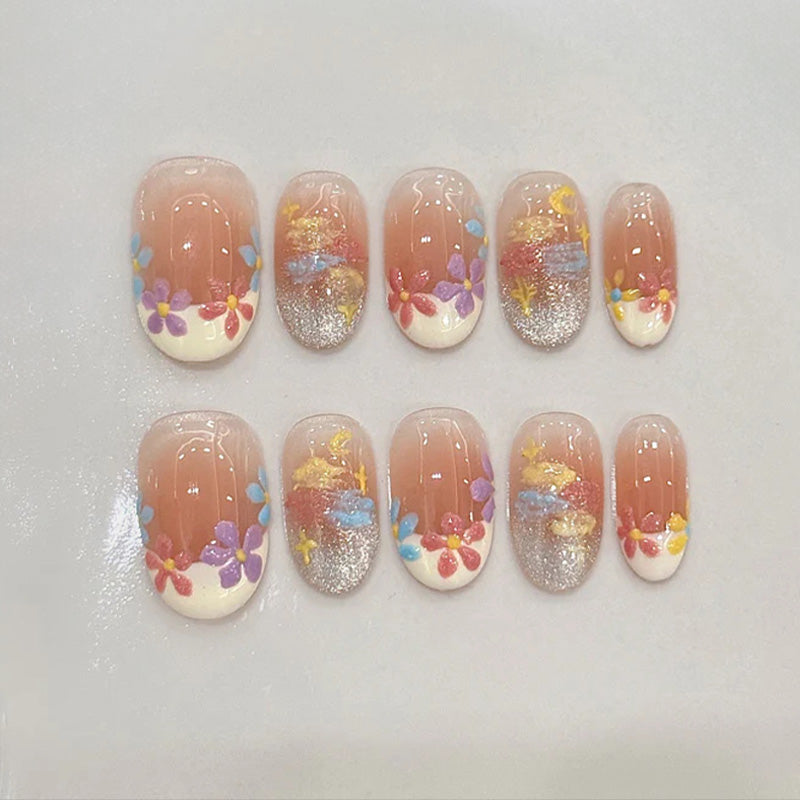 Handmade Oval Short Press-On Nails - Floral Garden – handcrafted press-on nails product image front view