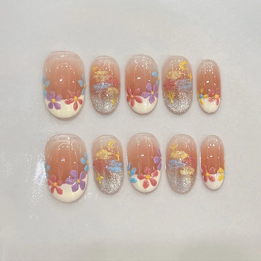 Handmade Oval Short Press-On Nails - Floral Garden
