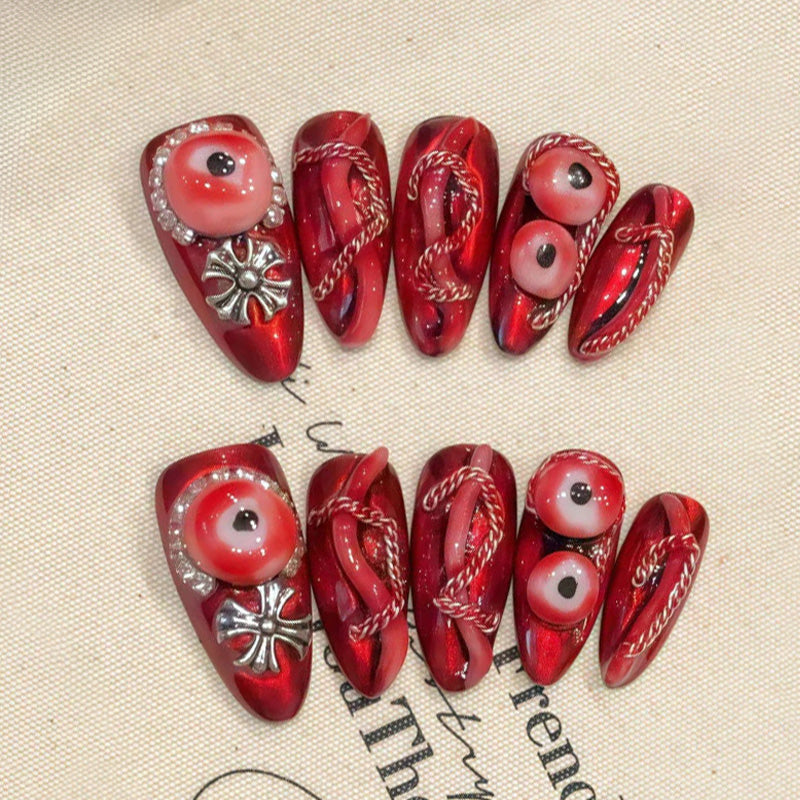 KAPOWNAILS Handmade Almond Press-On Nails Red Eye