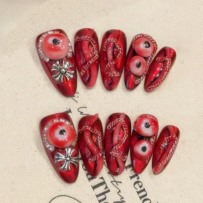 KAPOWNAILS Handmade Almond Press-On Nails Red Eye