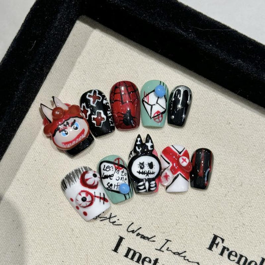 Professional quality Halloween press-on nails with anime horror theme, coffin short design, complete with application kit and guide