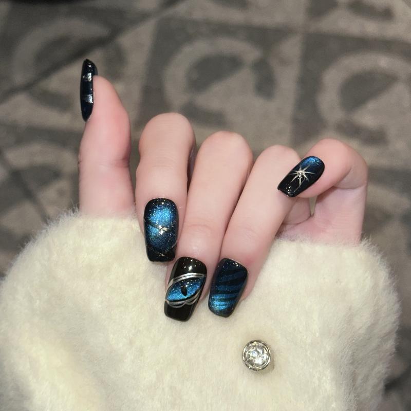 Professional quality Halloween press-on nails with galaxy witch theme, coffin short design, complete with application kit"