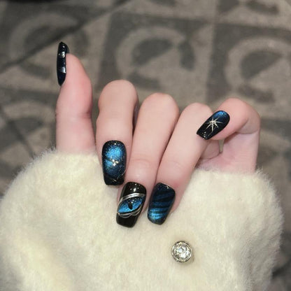 Professional quality Halloween press-on nails with galaxy witch theme, coffin short design, complete with application kit"