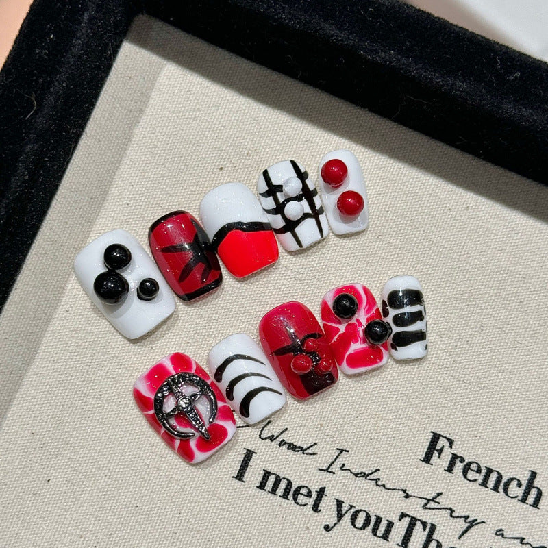 Professional quality Halloween press-on nails with gothic cross theme, coffin short design, complete with application kit