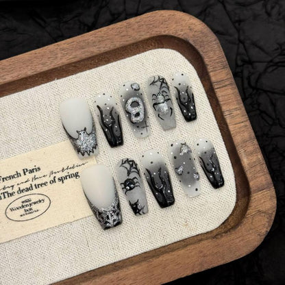 Professional quality Halloween press-on nails with gothic flame theme, coffin medium design, complete with application kit and guide