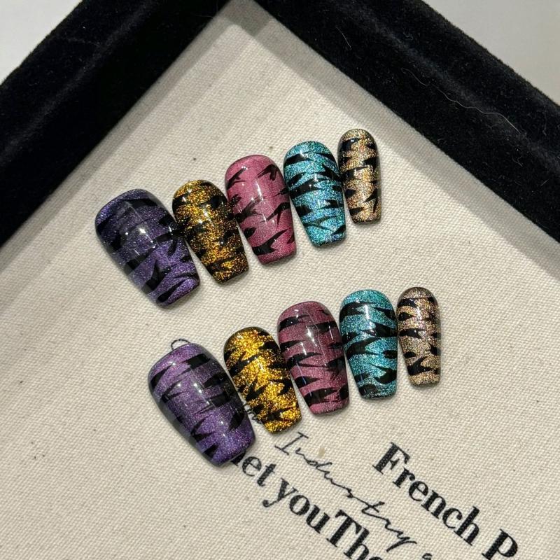 Professional quality Halloween press-on nails with holographic mummy theme, coffin medium design, complete with application kit