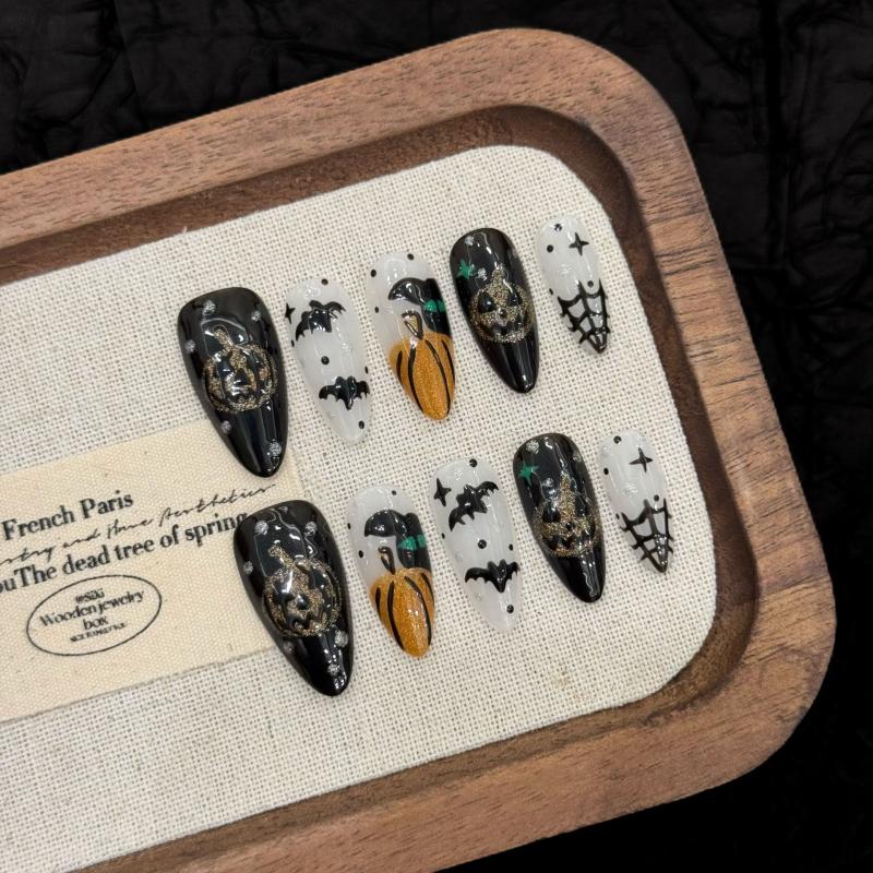 Professional quality Halloween press-on nails with mystical skull theme, almond design, complete with application kit and guide