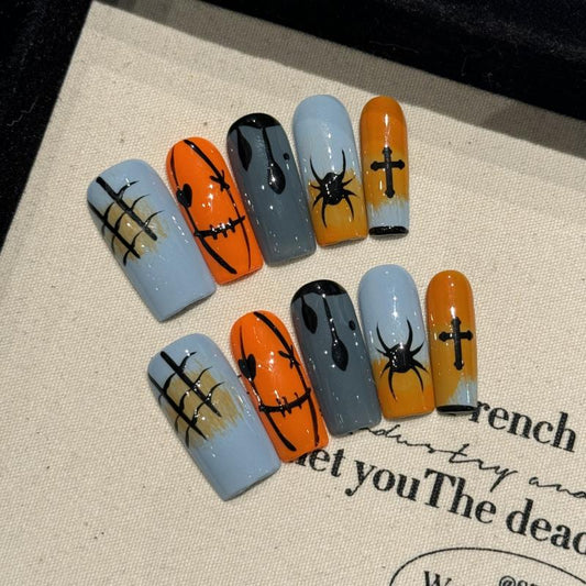 Professional quality Halloween press-on nails with pumpkin spider theme, coffin long design, complete with application kit and guide