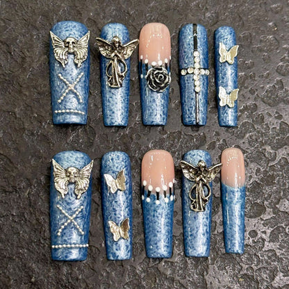 Nails Blue Metal Angel Wing Handmade Press On