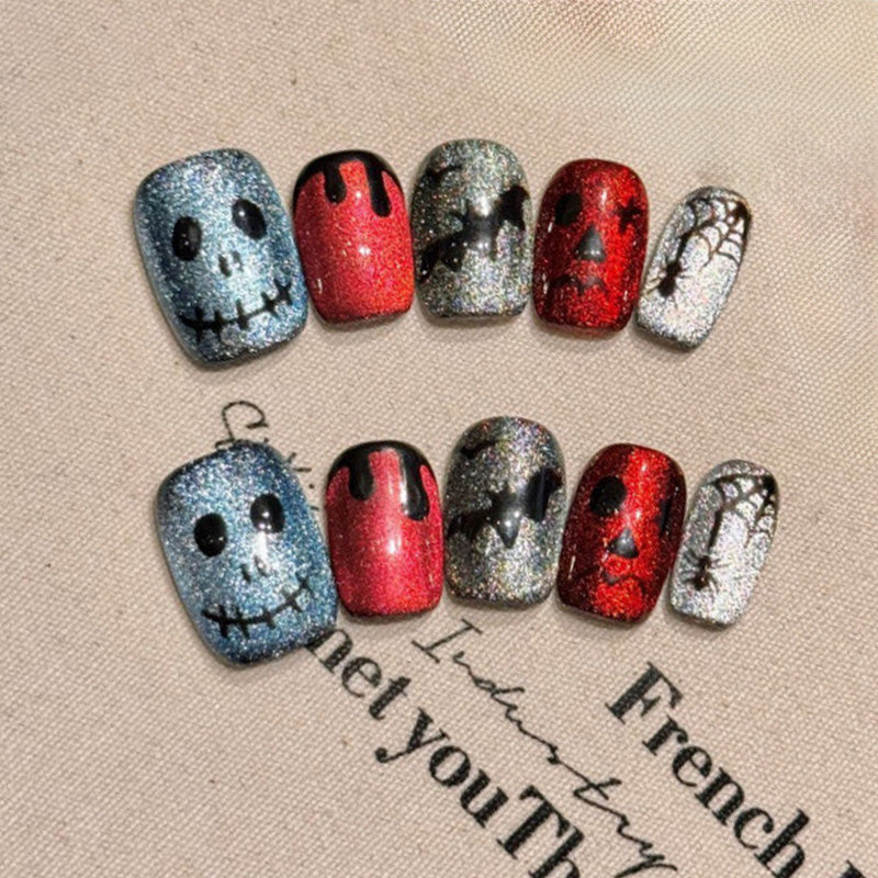 Halloween Glitter Skull Squoval Short Press On Nails