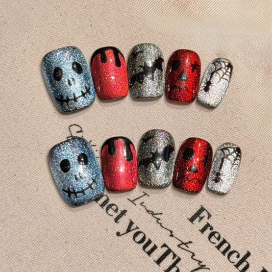 Halloween Glitter Skull Squoval Short Press On Nails