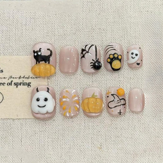 Halloween Cute Pumpkin Ghost Oval Short Press On Nails