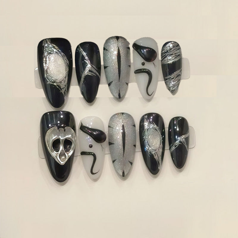 Almond Nails Black White Silver Handmade Press On Abstract Pattern Art