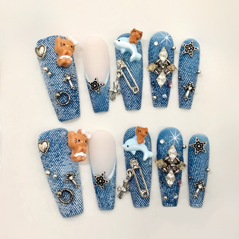 Denim Texture Press-On Nails - Casual Chic Charm Set