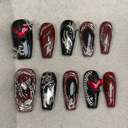 Gothic Punk Press On Nails - Blood Red Flames & Chrome Chains