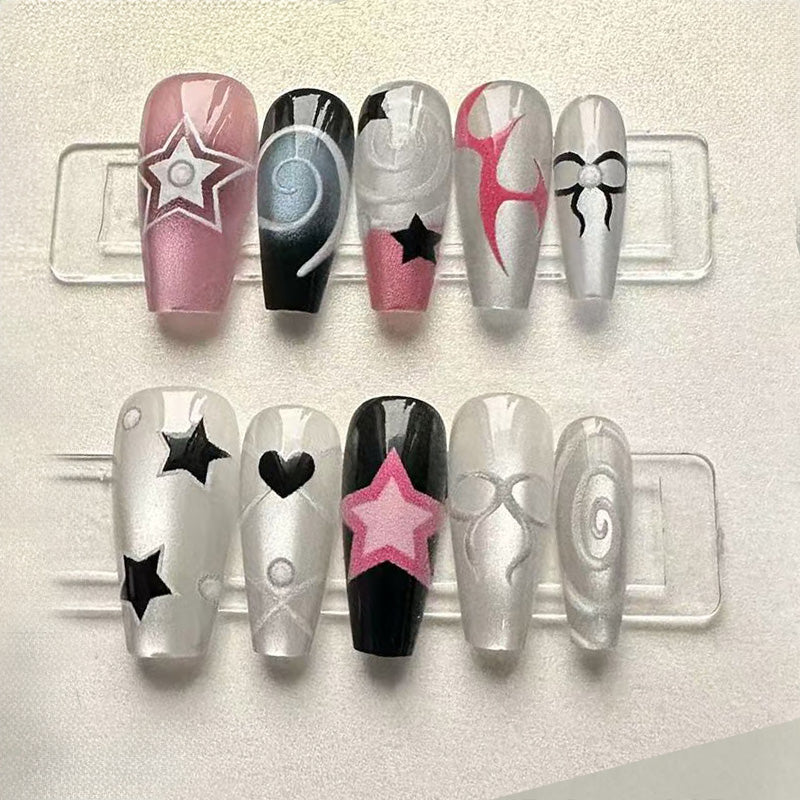 Glam Press-On Nails - Star & Bow Designs, Pink & Silver