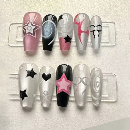 Glam Press-On Nails - Star & Bow Designs, Pink & Silver