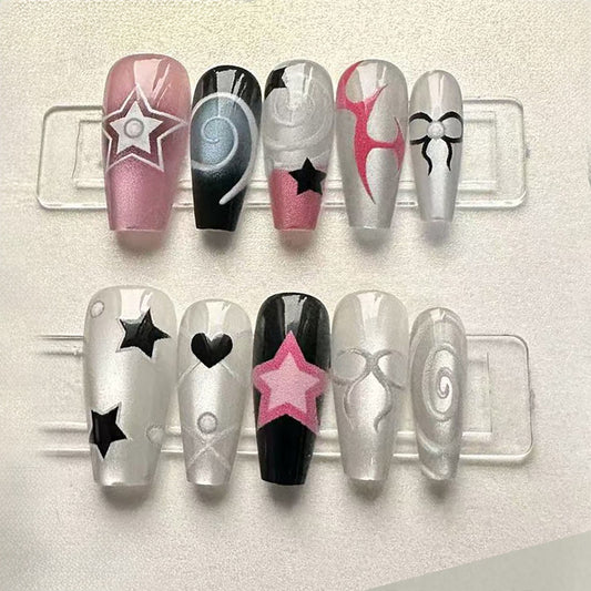 Glam Press-On Nails - Star & Bow Designs, Pink & Silver