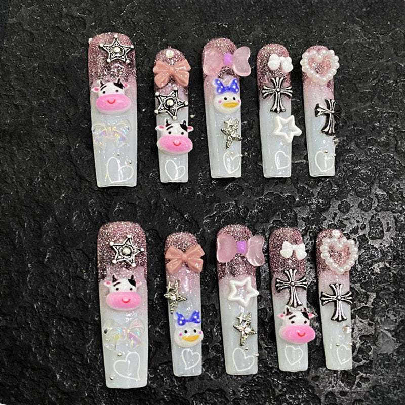 White French Coffin Press-On Nails - Pink Kawaii Charm Set