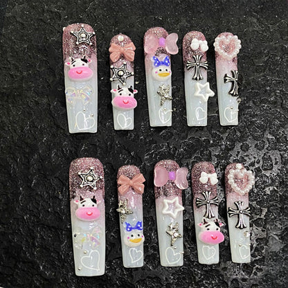 White French Coffin Press-On Nails - Pink Kawaii Charm Set