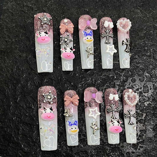 White French Coffin Press-On Nails - Pink Kawaii Charm Set