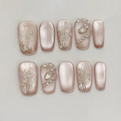 Ballerina Medium Nails Rose Gold Floral Rhinestone Design