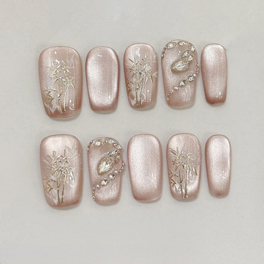 Ballerina Medium Nails Rose Gold Floral Rhinestone Design