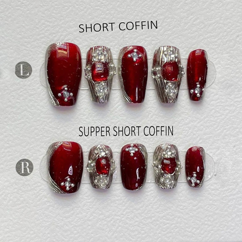 Handmade Coffin Short Press-On Nails - Ruby Elegance