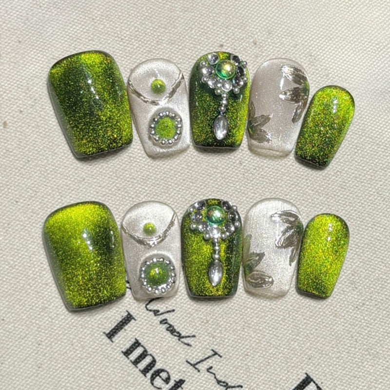 Squoval Short Nails Green Glitter Clear Crystal Metallic