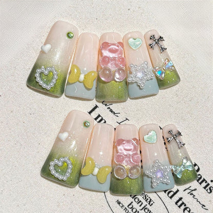 Green Gradient Flare Press On Nails - 3D Bow Design