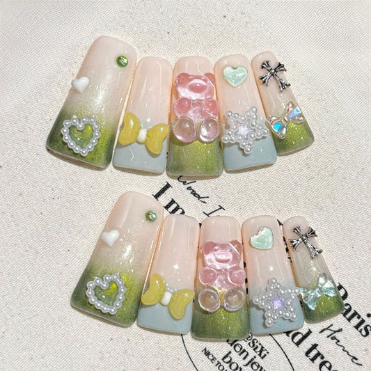 Green Gradient Flare Press On Nails - 3D Bow Design