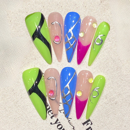 Stiletto Long Nails Colorful Mixed Pattern Metal Chain