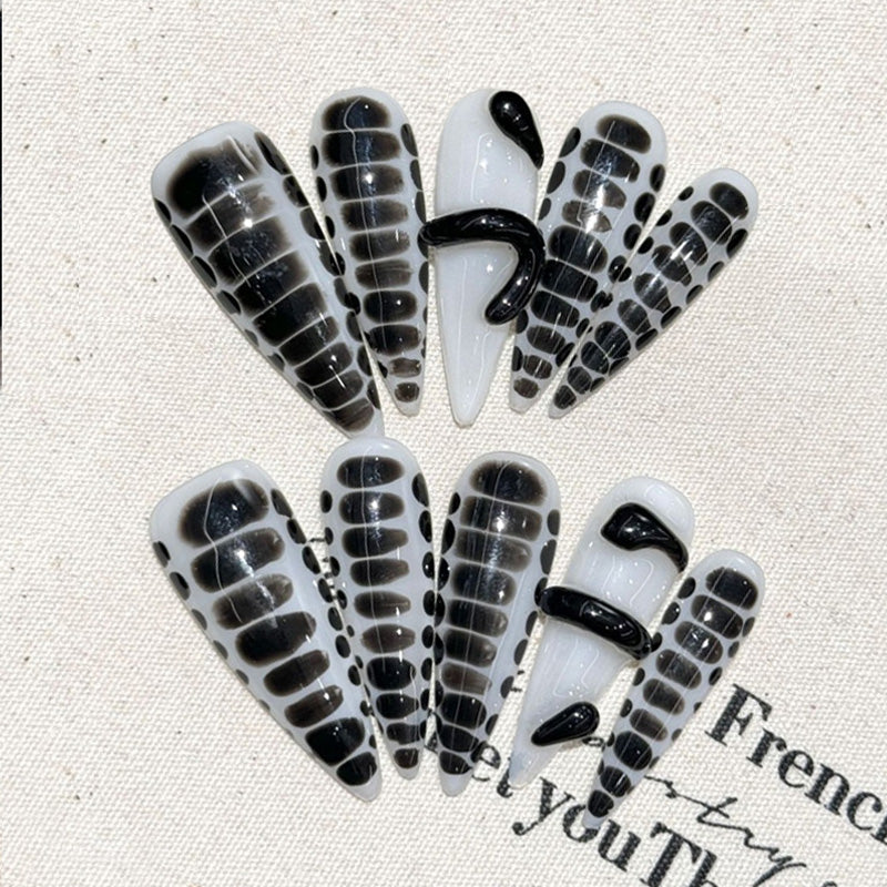 Stiletto Long Nails Black White Grid Pattern Geometric
