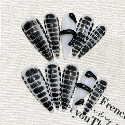 Stiletto Long Nails Black White Grid Pattern Geometric