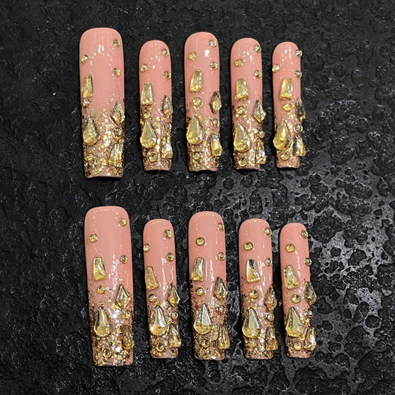 Slim Square Nails Orange Butterfly Flower Rhinestone Decor