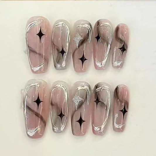 Kapownails Glowing Gray Press On Nails - Celestial Stars & Metallic Edge